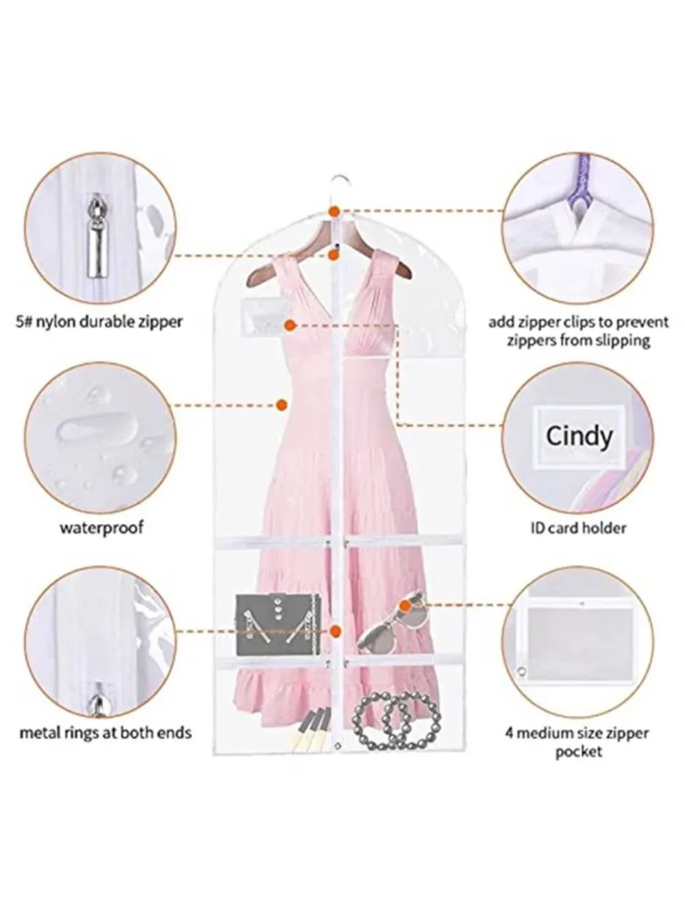 Dance Costume Garment Bag Travel Hanging Dress Storage Clear Pockets 50 Inch
